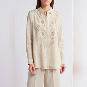 Kobi Halperin Genevieve Linen Blend Eyelet Embroidered Shirt Ivory/Biege Sz XS